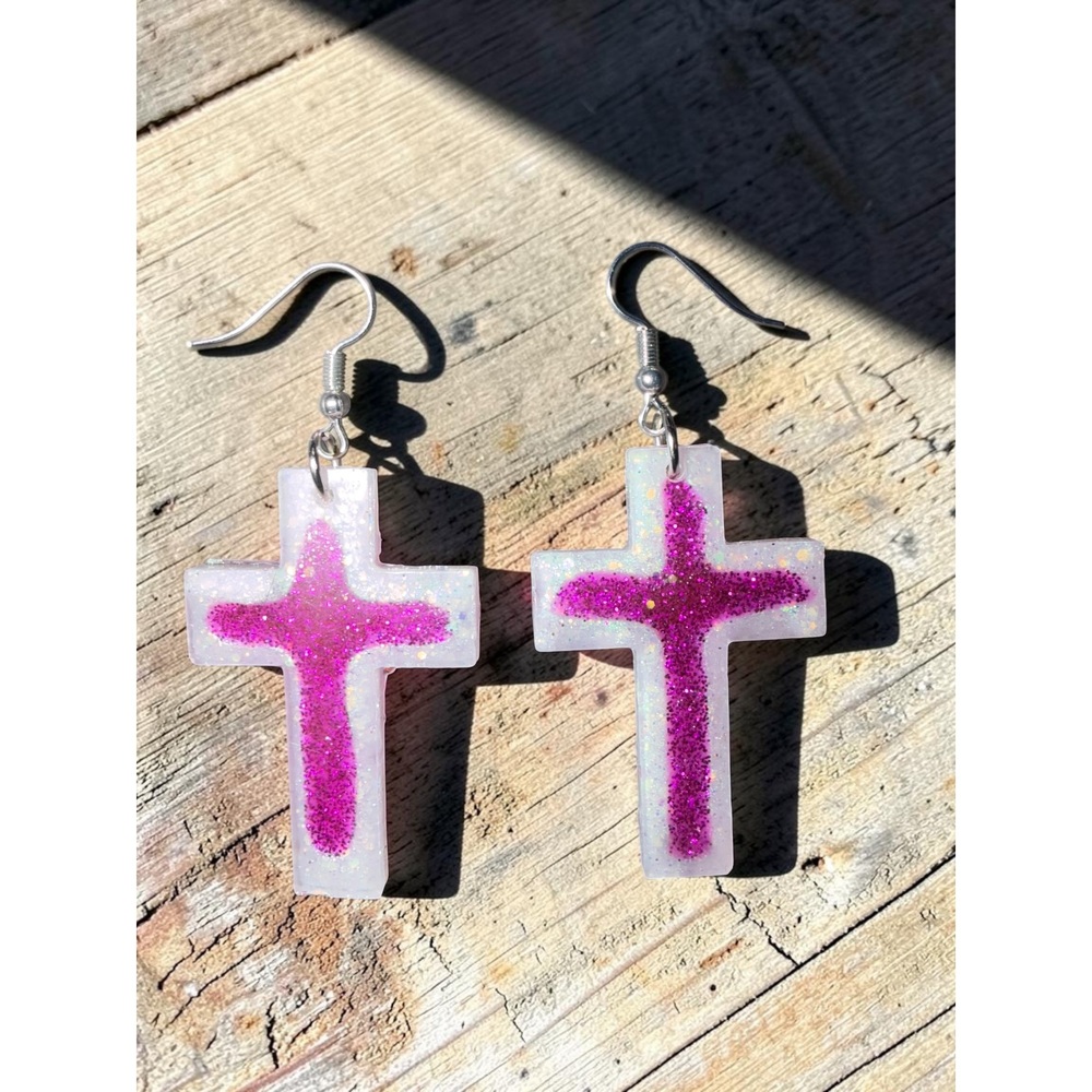 Handmade Pink Ombre Cross Earrings - Picture 6 of 9